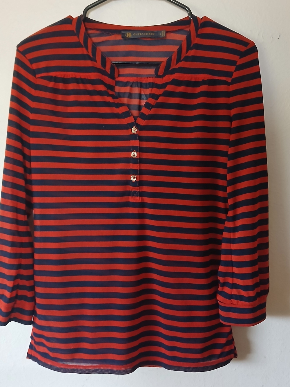 Outback Red Navy and Red Striped Henley Blouse